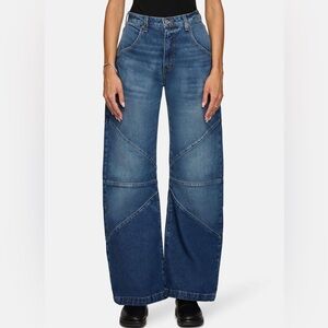 Women’s Wide Leg Patchwork Panel Jeans Blue High Rise - Size L